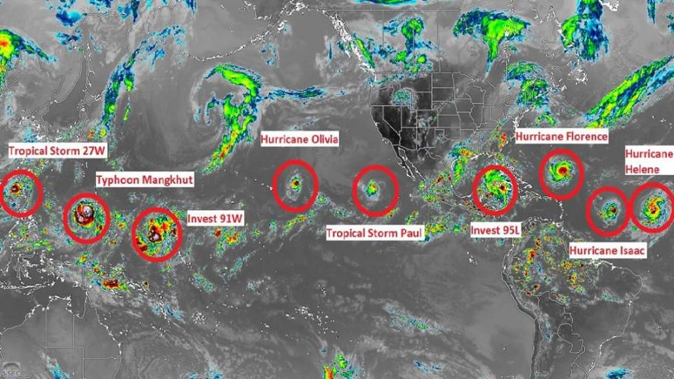 北半球同時出現9個颱風、颶風和熱帶氣旋，連「Jamaica Weather」都發文指出：這個週末會很瘋狂。(圖／翻攝自推特)