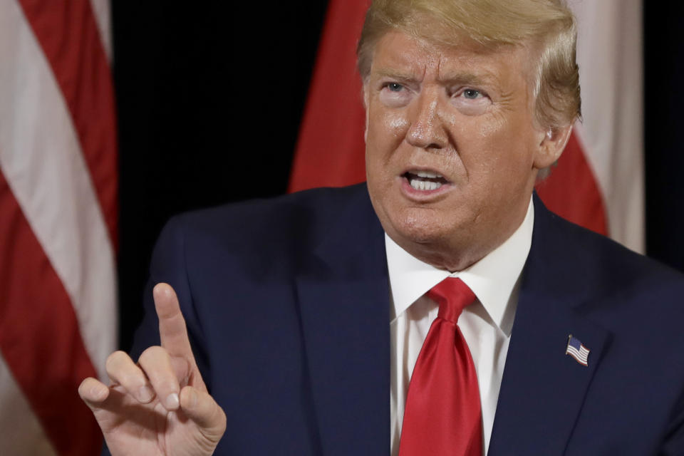 President Donald Trump speaks as he meets with Polish President Andrzej Duda at the InterContinental Barclay hotel during the United Nations General Assembly, Monday, Sept. 23, 2019, in New York. (AP Photo/Evan Vucci)