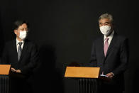 U.S. Special Representative for North Korea, Sung Kim, right, speaks during a briefing after a meeting with South Korea's Special Representative for Korean Peninsula Peace and Security Affairs Noh Kyu-duk at a hotel in Seoul, South Korea, Sunday, Oct. 24, 2021. (AP Photo/Ahn Young-joon, Pool)