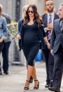 <p>Proudly flaunting her bump in a figure-hugging black dress on her way to an appearance of “Jimmy Kimmel Live.“<i> (Photo by TSM/Bauer-Griffin/GC Images)</i><br></p>