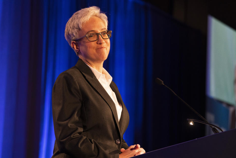 Tina Kotek, Oregon's Democratic gubernatorial candidate, greets supporters at the Democratic Party of Oregon's election party, Tuesday night. Nov. 8, 2022, in Portland, Ore. (Beth Nakamura/The Oregonian via AP)