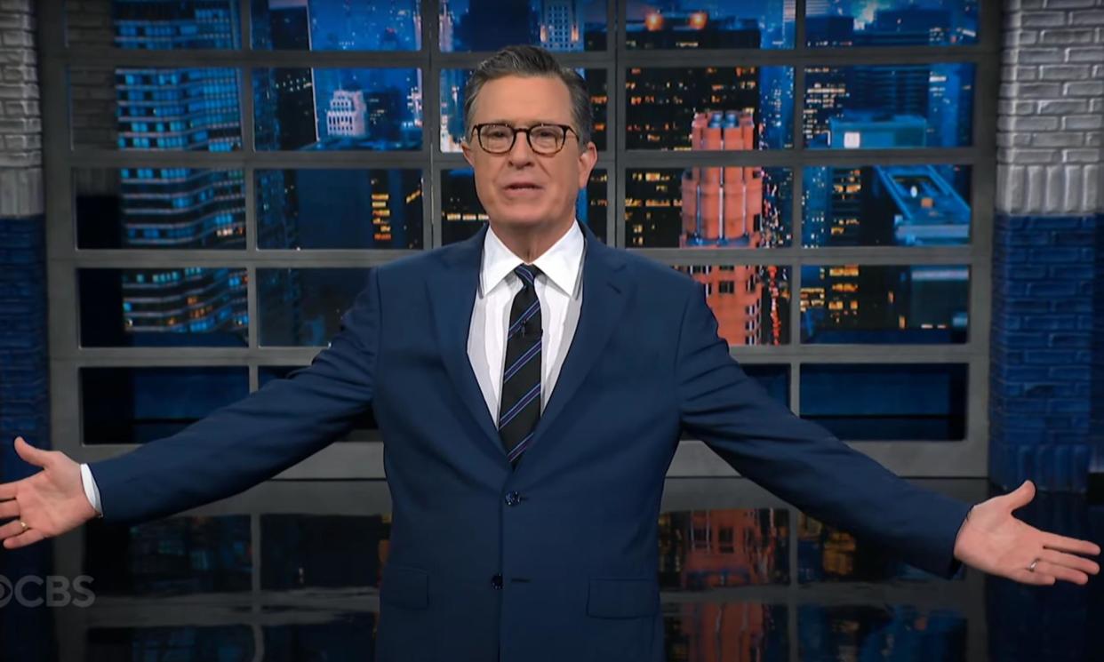 <span>Stephen Colbert on Joe Biden’s decision to step aside: “That humility and self-sacrifice is so beautiful and truly patriotic, and a refreshing change from the last guy.”</span><span>Photograph: Youtube</span>