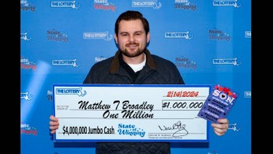 Matthew Broadley won $1 million in the Massachusetts State Lottery’s “$4,000,000 Jumbo Cash” instant ticket game thanks to a Valentine’s Day gift from his mother. Massachusetts State Lottery photo