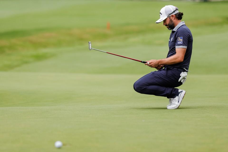 Adam Hadwin reacts after missing a birdie on the 18th hole at the first round of playoff during the fourth round of Rocket Mortgage Classic at Detroit Golf Club in Detroit on Sunday, July 2, 2023.