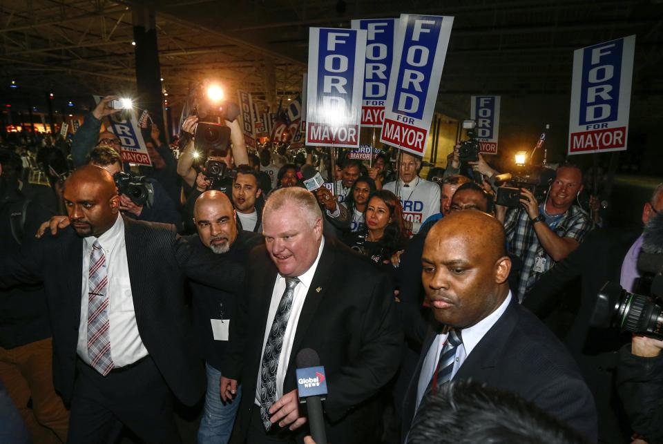 Toronto Mayor Ford walks out of the room after his speech at his campaign launch party in Toronto