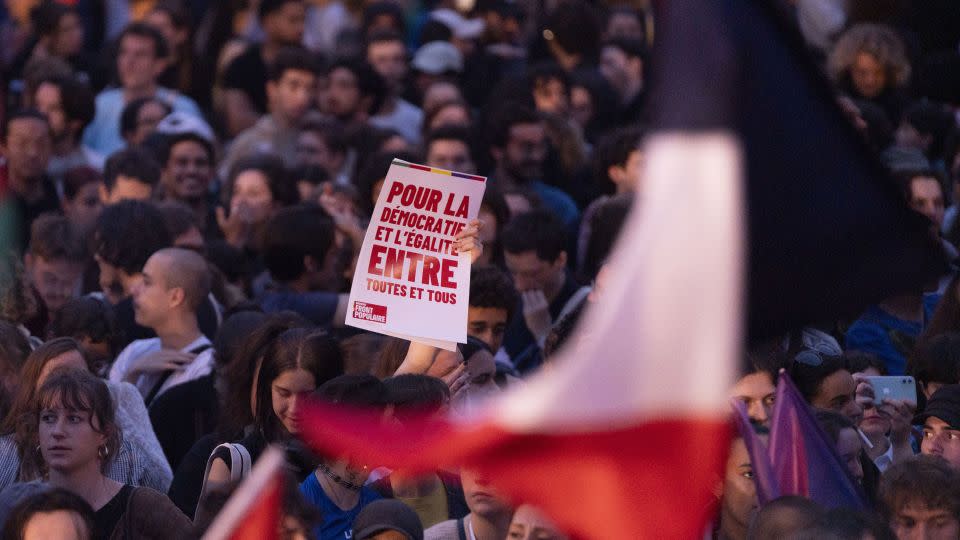 Anti-far right protesters during a demonstration at Place de la Republique following the French legislative election results in Paris, France, on June 30, 2024. - Nathan Laine/Bloomberg/Getty Images