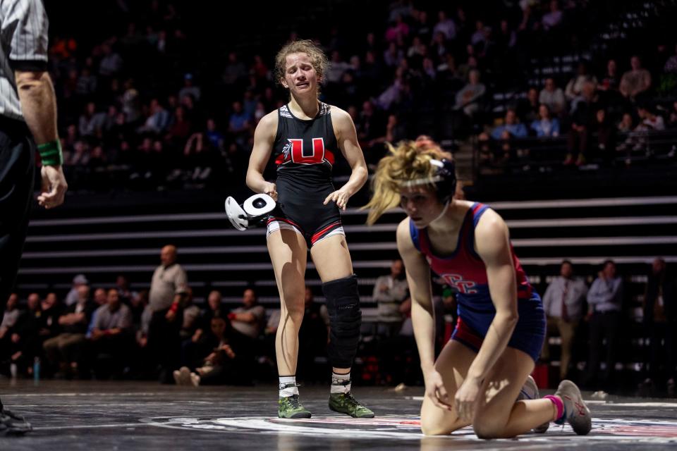 Uintah’s Chanley Green cries after winning the 110 state championship in the 4A Girls Wrestling State Championships at the UCCU Center in Orem on Thursday, Feb. 15, 2024. This was her third straight win. | Marielle Scott, Deseret News