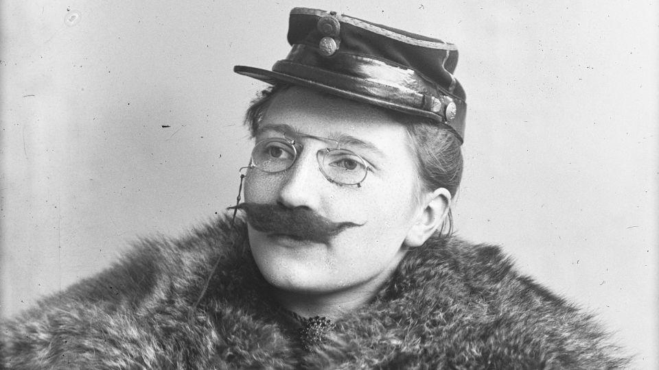 Bolette Berg pictured with a handlebar mustache. Little is known about Berg, and she has received less attention than Høeg, though they were lifelong creative, business and romantic partners. - Preus Museum--Norwegian Museum of Photography