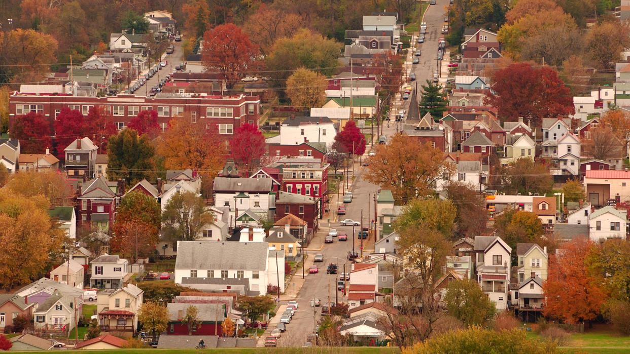 River Town USA - Aerial view of autumn in a small Kentucky river town.