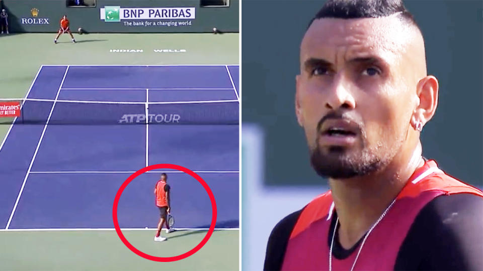 Nick Kyrgios, pictured here handing the first set to Rafa Nadal with a point penalty.