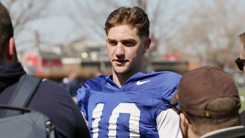 BYU quarterback Kedon Slovis talks with media after the Cougars practiced in Provo on Friday, March 17, 2023. The Pitt transfer, who started his career at USC, will play his final season of college ball for BYU this fall.