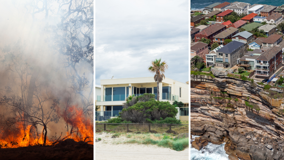 A bush fire, a house built on a beach front and houses built on cliff edges in Australia.