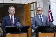 New Zealand Prime Minister Chris Hipkins left, and Australian Prime Minister Anthony Albanese hold a joint press conference in Parliament House in Canberra, Australia, Tuesday, Feb. 7, 2023. (AP Photo/Hilary Wardhaugh)