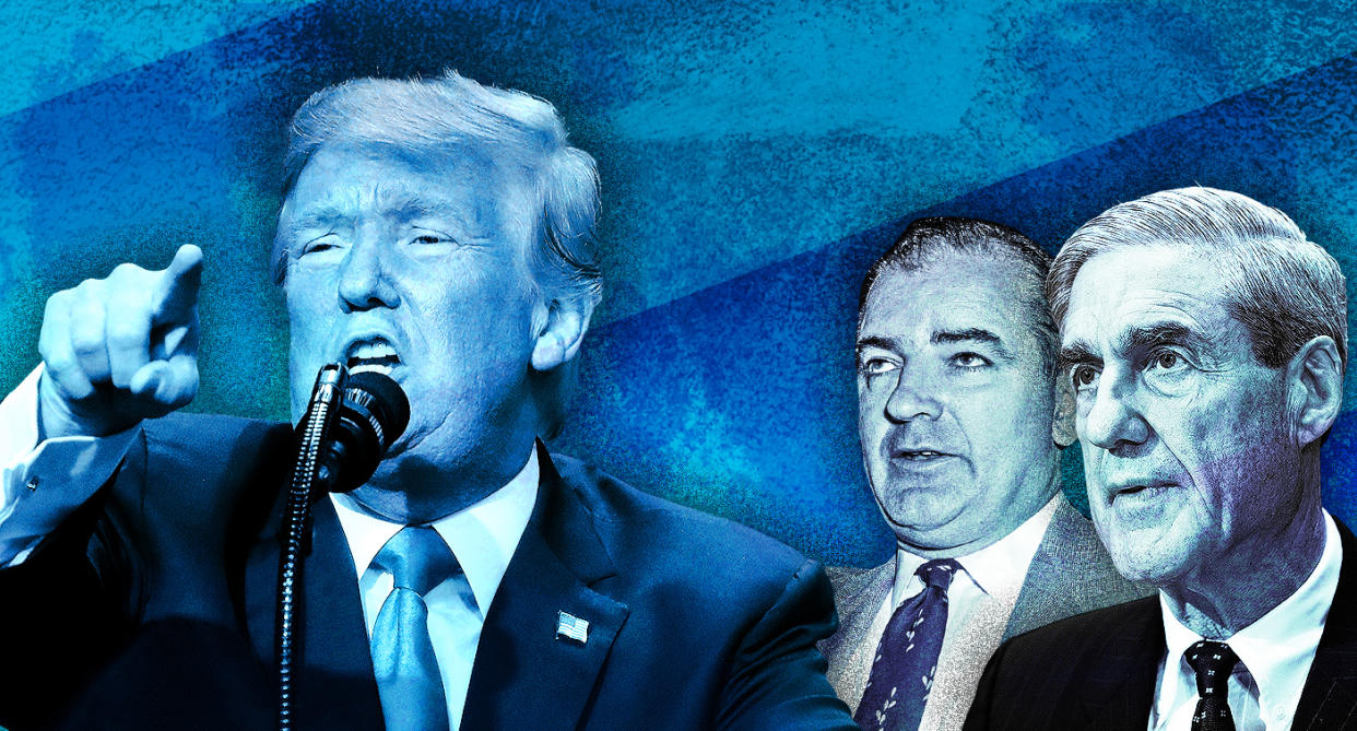 President Trump compared the investigation of Robert Mueller (right) into Russian meddling in the 2016 election to the hunt for Communists in the U.S. government by Sen. Joseph McCarthy (center) in the 1950s. (Yahoo News photo Illustration; photos: AP, Getty)