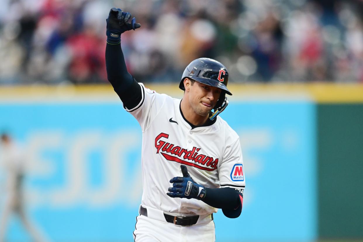 Apr 19, 2024; Cleveland, Ohio, USA; Cleveland Guardians center fielder Tyler Freeman (2) rounds the bases after hitting a home run during the second inning against the Oakland Athletics at Progressive Field. Mandatory Credit: Ken Blaze-USA TODAY Sports