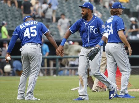 Jul 14, 2018; Chicago, IL, USA; Kansas City Royals right fielder Jorge Bonifacio (38) celebrates with right fielder Abraham Almonte (45) defeating the Chicago White Sox at Guaranteed Rate Field. Mandatory Credit: Kamil Krzaczynski-USA TODAY Sports