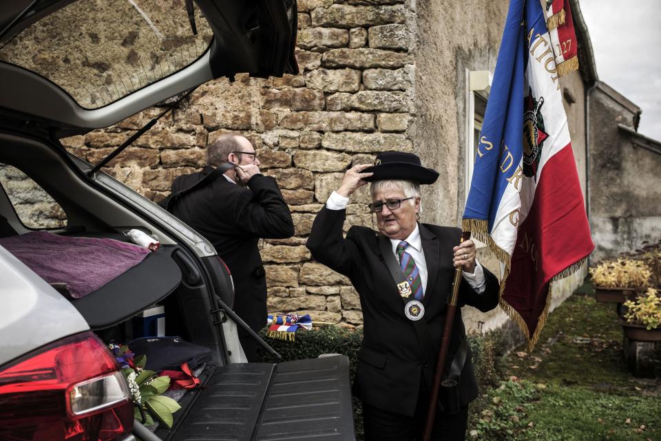Veterans association members get ready on November 11, 2015 for for the first WWI armistice ceremony in Parigny la Rose, France. Nearly one hundred years after WWI, the small village of Parigny-la -Rose, south of Auxerre, make amends and honours its four forgotten French 'poilus' soldiers killed in action and who now have their war memorial.&nbsp;