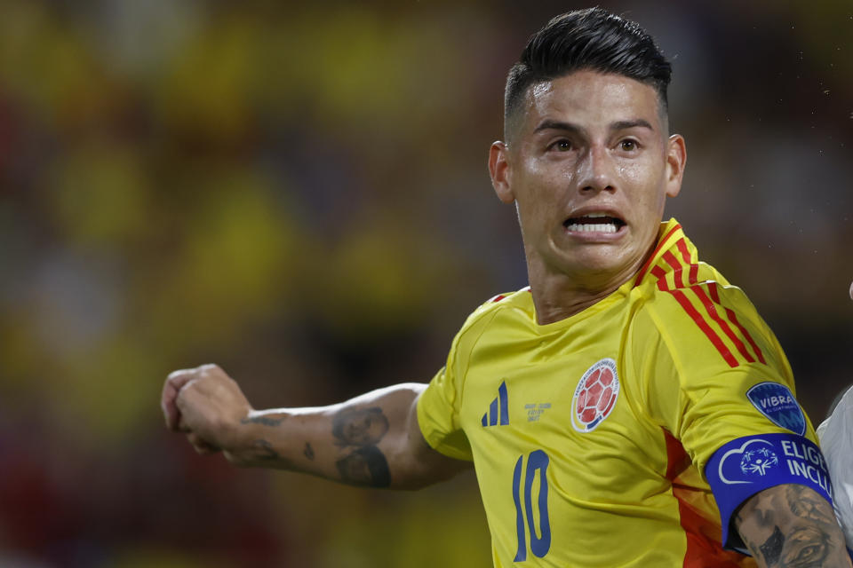 Colombia's James Rodriguez jumps for a header during a Copa America semifinal soccer match against Uruguay in Charlotte, N.C., Wednesday, July 10, 2024. (AP Photo/Nell Redmond)