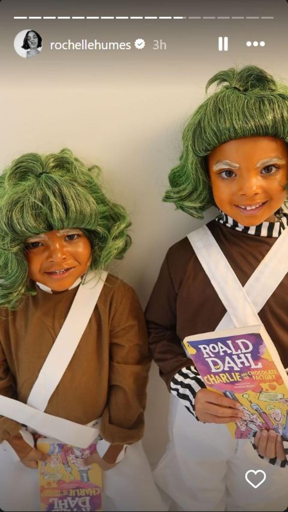 Rochelle Humes’ children Blake, three, and Valentina, six, dressed as Oompa Loompas from the Roald Dahl classic Charlie and the Chocolate Factory (Instagram)