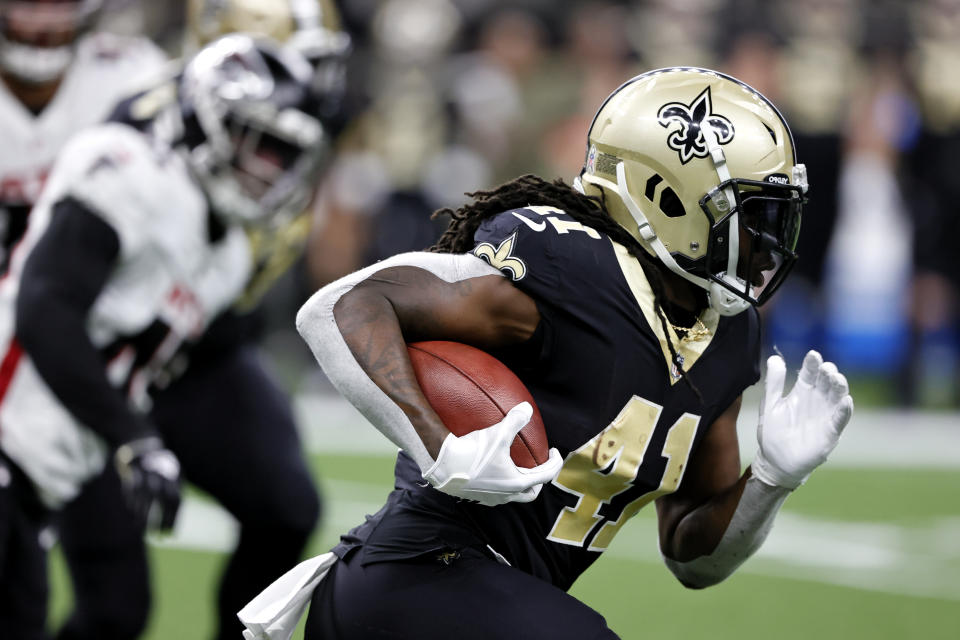 New Orleans Saints running back Alvin Kamara (41) runs against the Atlanta Falcons during the second half of an NFL football game, Sunday, Nov. 7, 2021, in New Orleans. (AP Photo/Butch Dill)