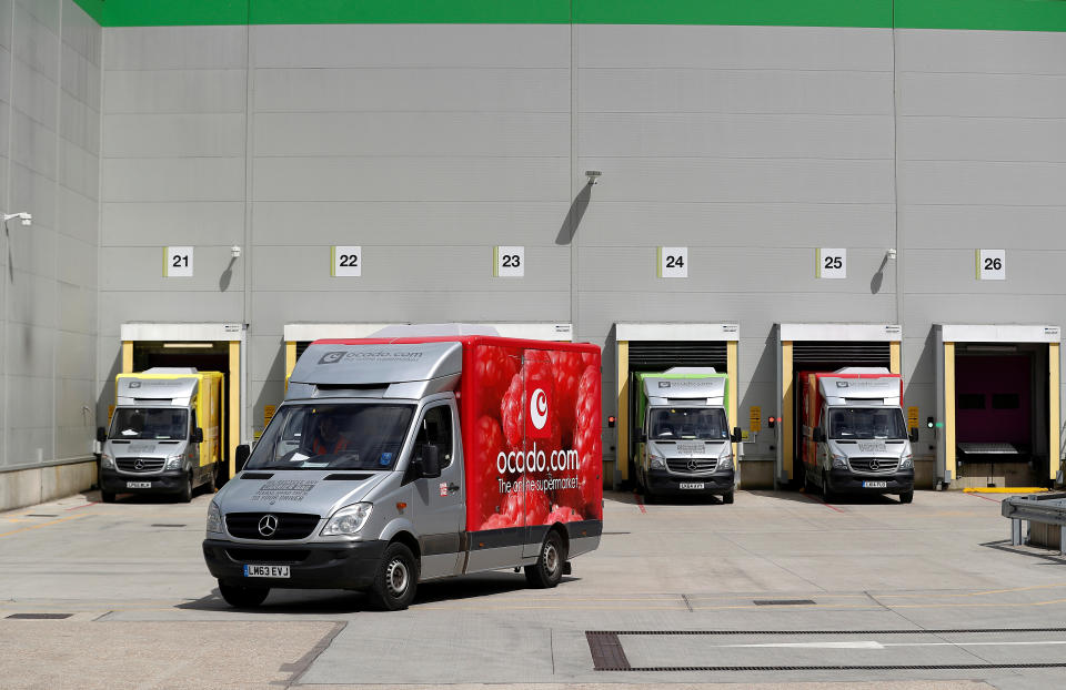 A delivery van leaves the dispatch area of the Ocado CFC (Customer Fulfilment Centre) in Andover, Britain May 1, 2018. Picture taken May 1, 2018.  REUTERS/Peter Nicholls