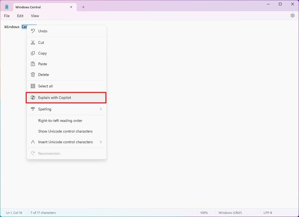 Notepad with Explain with Copilot