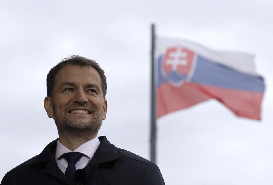 FILE - Leader of the "OLANO" Ordinary People and Independent Personalities party Igor Matovic arrives for an interview day after the Slovakia's general election in Bratislava on March 1, 2020. Matovic leads his party to the upcoming early elections that are held in Slovakia on Oct. 30, 2023. (AP Photo/Petr David Josek, File)