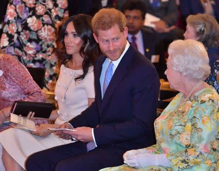 Britain's Queen Elizabeth, Prince Harry and Meghan, the Duchess of Sussex pose for a picture with some of Queen's Young Leaders at a Buckingham Palace reception following the final Queen's Young Leaders Awards Ceremony, in London, Britain June 26, 2018. John Stillwell/Pool via Reuters