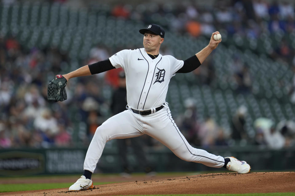 Detroit Tigers pitcher Tarik Skubal throws against the Chicago Cubs in the first inning of a baseball game, Wednesday, Aug. 23, 2023, in Detroit. (AP Photo/Paul Sancya)