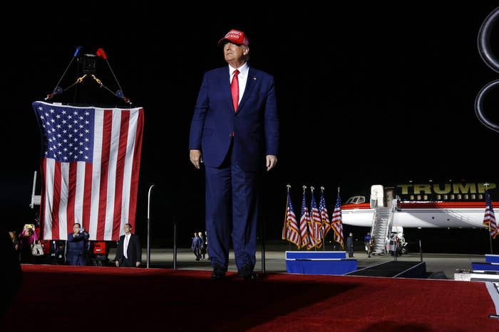 Former president Donald Trump arrives to speak at an election rally in Latrobe, Pennsylvania, on Nov. 5, 2022.