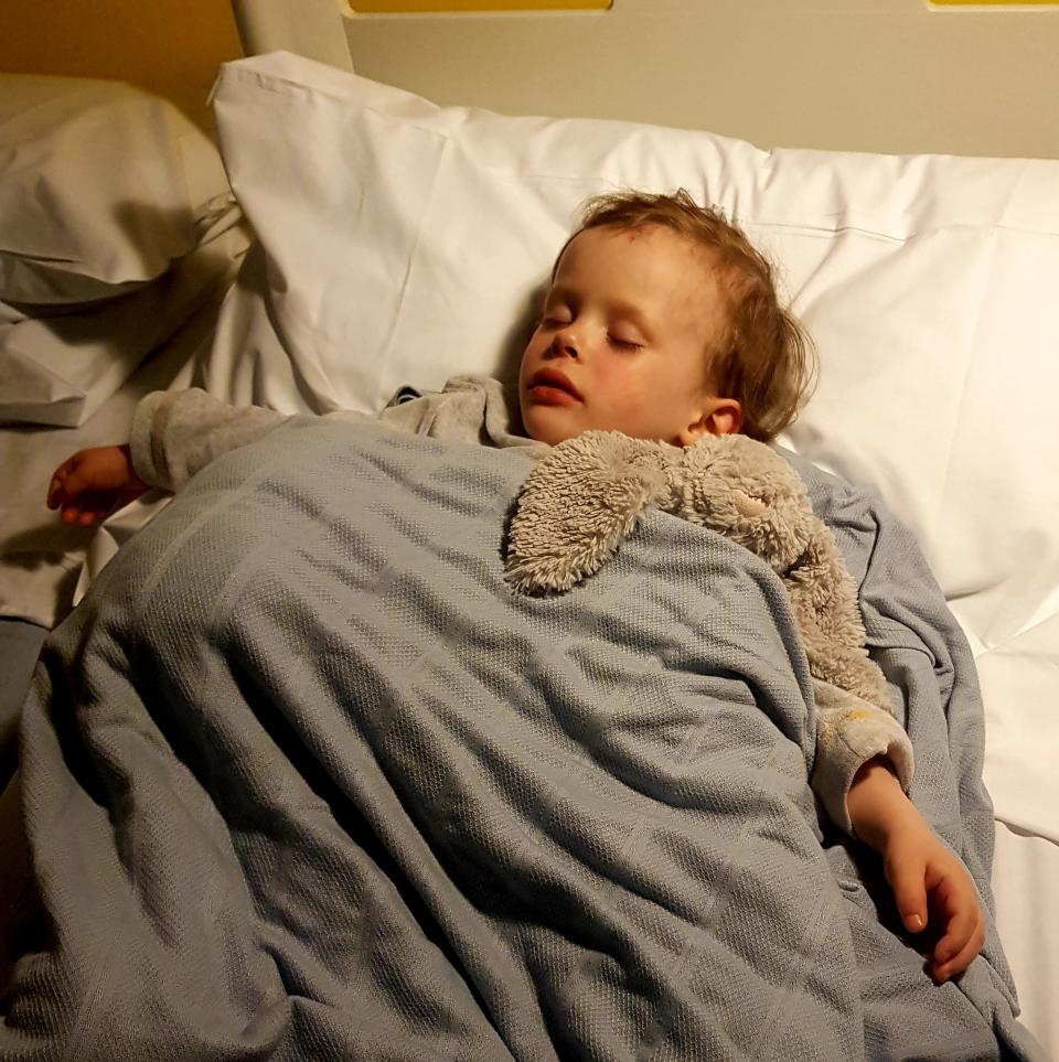 Eli after he was discharged from hospital following a severe allergic reaction to cake crumbs, which almost killed him (supplied, Lucille Whiting)