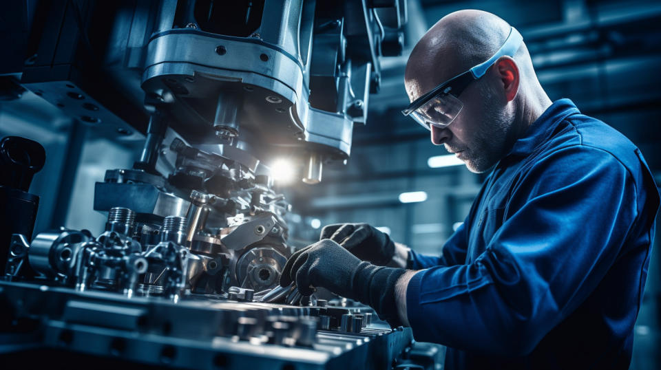 A machinist operating a CNC machine in a well-lit facility, scrutinizing the quality of a part.