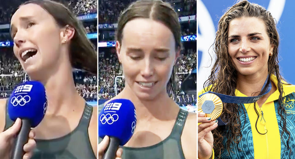 Emma McKeon was overcome with emotion, while Jessica Fox won gold in the K1. Image: Channel 9/Getty