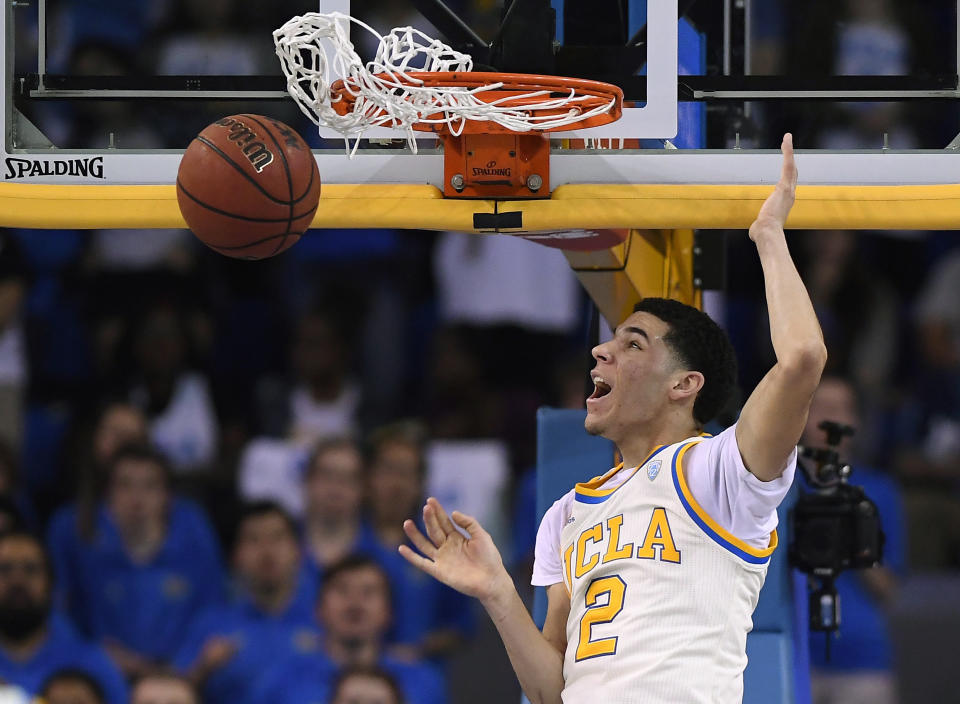 UCLA guard Lonzo Ball dunks during the first half of the team's NCAA college basketball game against Washington State, Saturday, March 4, 2017, in Los Angeles. (AP Photo/Mark J. Terrill)