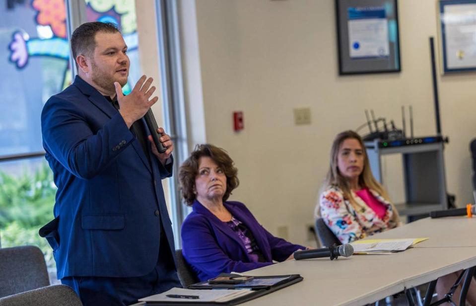 Challenger Richard Praschnik who is running against incumbent Miami-Dade County Commissioner Raquel Regalado (far right) and Cindy Lerner, speaks during a forum debate for the County’s District 7, hosted by the Kendall Federation of Homeowners Associations, on Thursday, June 27, 2024.