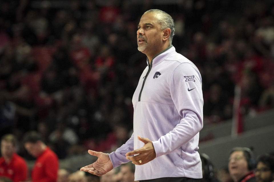 Kansas State head coach Jerome Tang reacts during the first half of an NCAA college basketball game against Houston, Saturday, Jan. 27, 2024, in Houston. (Jon Shapley/Houston Chronicle via AP)