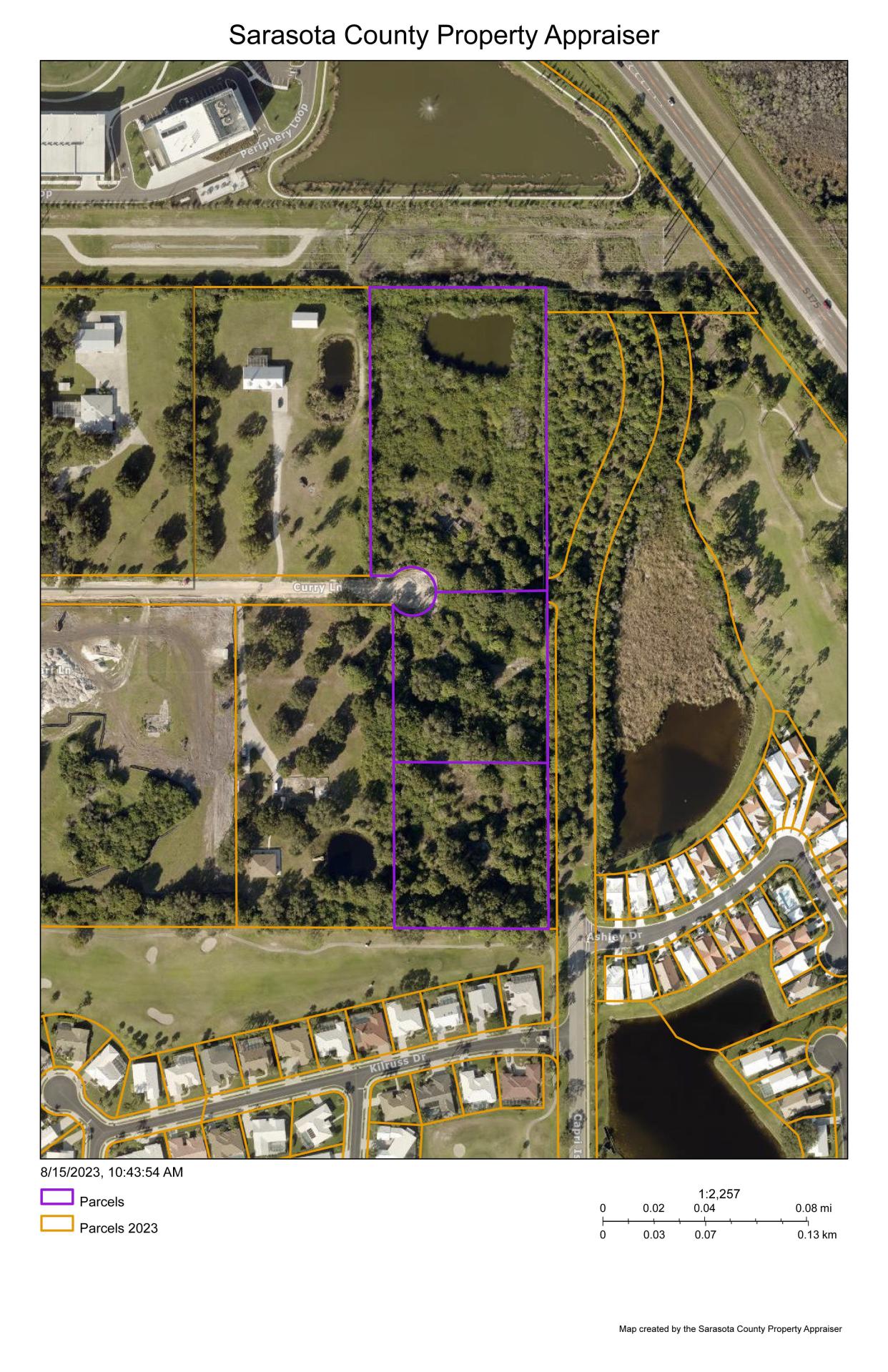 The three parcels east of Curry Lane outlined in this map from the Sarasota County Property Appraiser’s Office, total 10.1 acres that are being targeted for development of a townhouse complex. A Zoom Neighborhood Workshop on the proposal is scheduled for 5 p.m., Aug. 23.