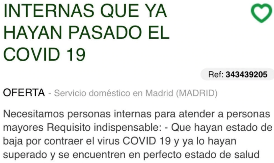 Una empresa pide a personal que haya pasado el Covid-19.