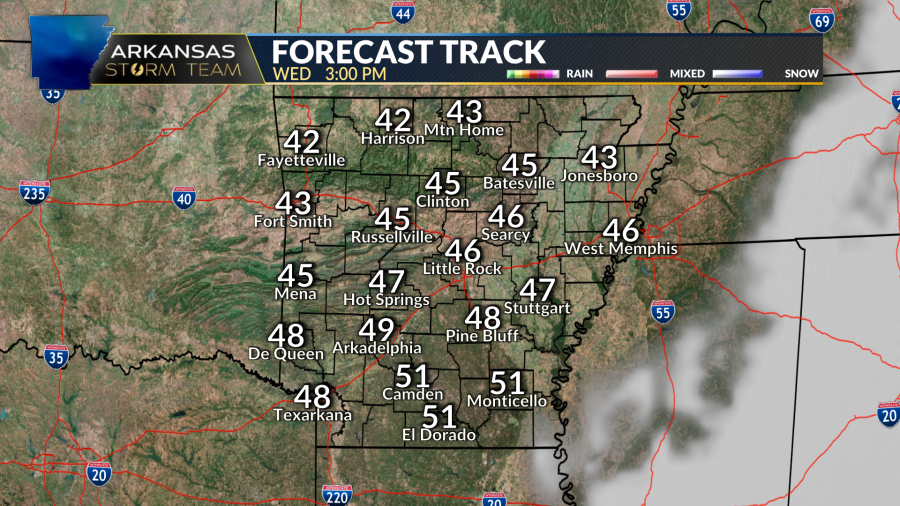 Arkansas precipitation and temperature forecast for Wednesday 11/22.