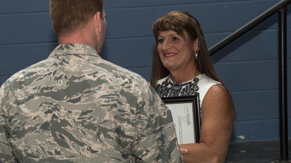 Retired U.S. Air Force Maj. Laura Perry, 45th Medical Operations Squadron master social worker, talks with an attendee after a speaking engagement in 2016 at Moody Air Force Base, Georgia. Perry was instrumental in the fight for transgender military members to openly serve, and she travels the country sharing her story. (Airman 1st Class Janiqua P. Robinson/Air Force)