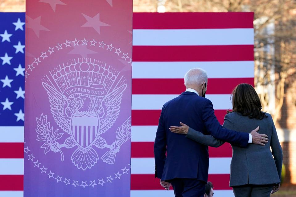 President Joe Biden and Vice President Kamala Harris walk off stage after speaking in support of changing the Senate filibuster rules that have stalled voting rights legislation, at Atlanta University Center Consortium, on the grounds of Morehouse College and Clark Atlanta University, Tuesday, Jan. 11, 2022, in Atlanta.
