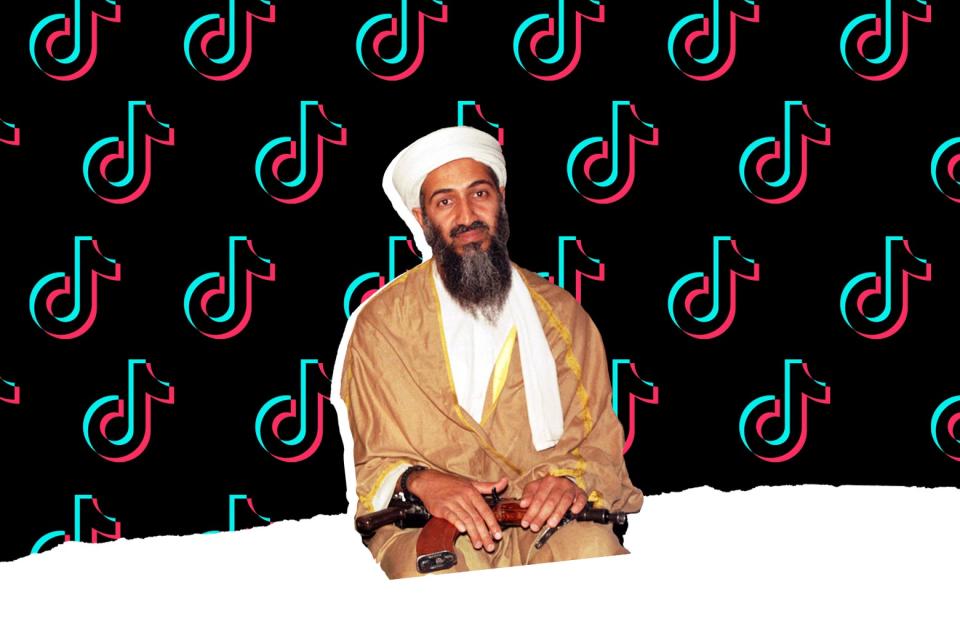 Osama bin Laden against a background of TikTok logos.