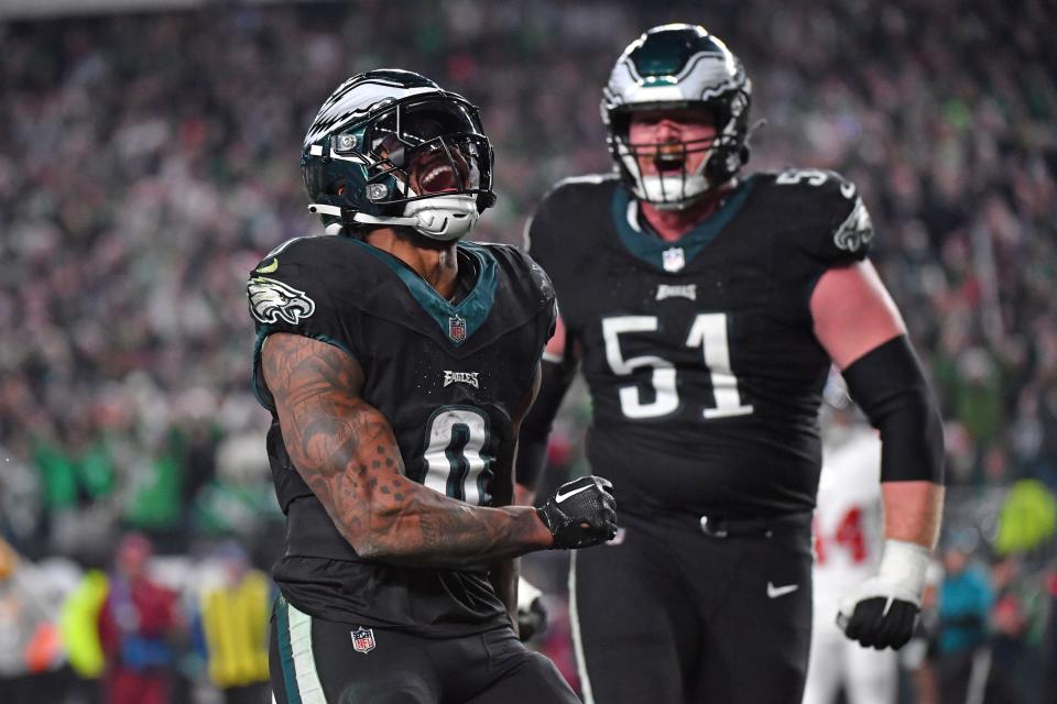 Philadelphia Eagles running back D'Andre Swift (0) celebrates his touchdown run against the New York Giants during the fourth quarter at Lincoln Financial Field.