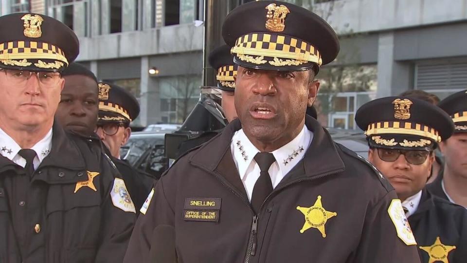 PHOTO: Chicago Police Superintendent Larry Snelling announces that a 30-year-old police officer was shot and killed on April 21, 2024, while driving home from his shift. (WLS)