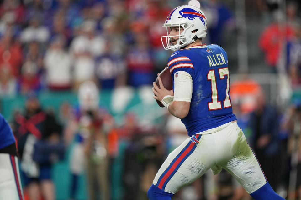 Jan 7, 2024; Miami Gardens, Florida, USA; Buffalo Bills quarterback Josh Allen (17) drops back to pass against the Miami Dolphins during the second half at Hard Rock Stadium. Mandatory Credit: Jim Rassol-USA TODAY Sports