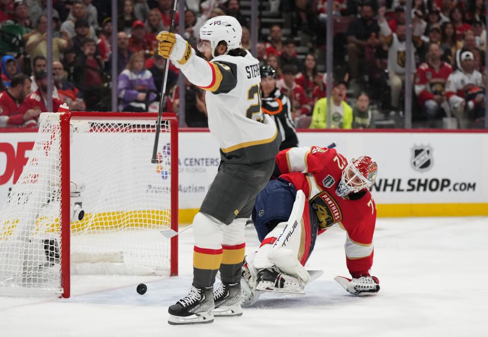 Vegas Golden Knights forward Chandler Stephenson celebrates his goal against Florida Panthers goaltender Sergei Bobrovsky.