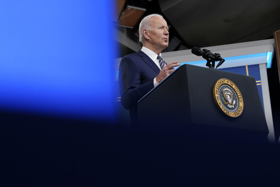 President Joe Biden speaks about his administration's plans to combat rising gas prices in the South Court Auditorium on the White House campus, Thursday, March 31, 2022, in Washington. (AP Photo/Patrick Semansky)