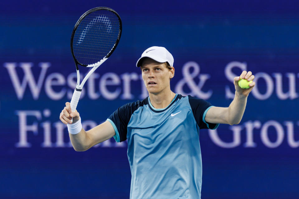 MASON, OHIO - AUGUST 19: Jannik Sinner of Italy celebrates after beating Frances Tiafoe of the United States in the final of the Cincinnati Open at the Lindner Family Tennis Center on August 19, 2024 in Mason, Ohio. (Photo by Frey/TPN/Getty Images)