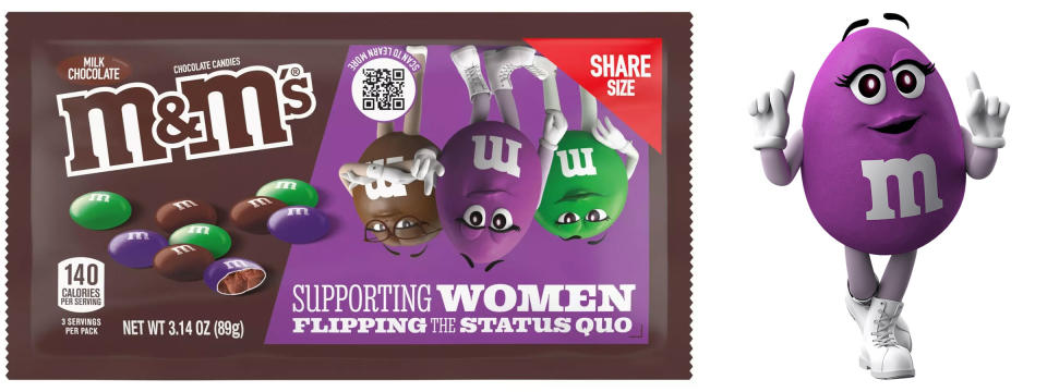 The original red and yellow M&M's, both male, have been used in the brand’s advertising campaigns since 1954. A purple female M&M was added in 2022.<span class="copyright">Courtesy M&M’s</span>