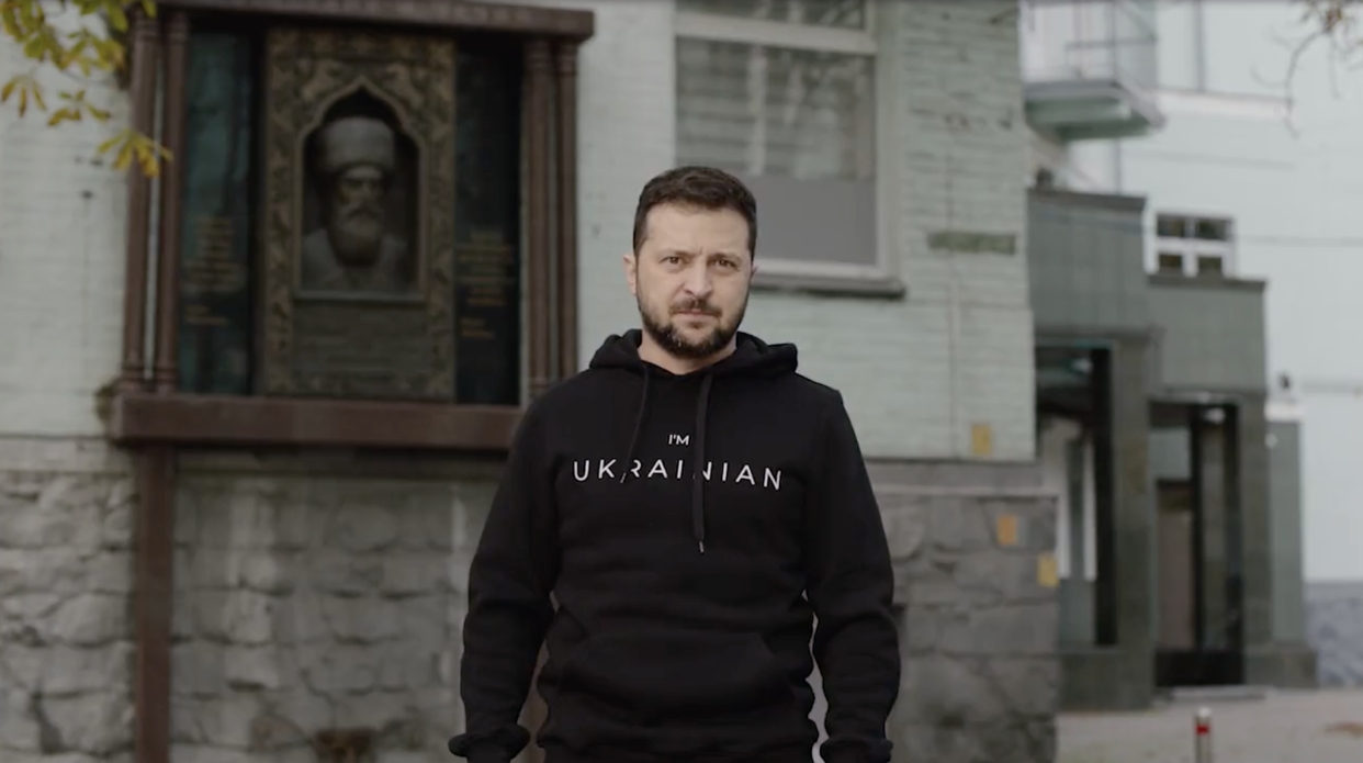 Ukraine President Volodymyr Zelensky, wearing a sweatshirt that reads 